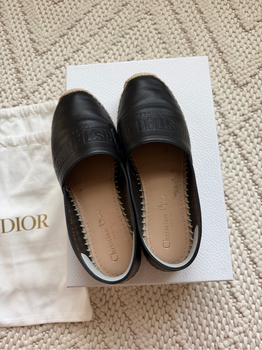 Dior Black Leather Espadrille Loafers with Natural Jute Trim - Picture 3 of 9